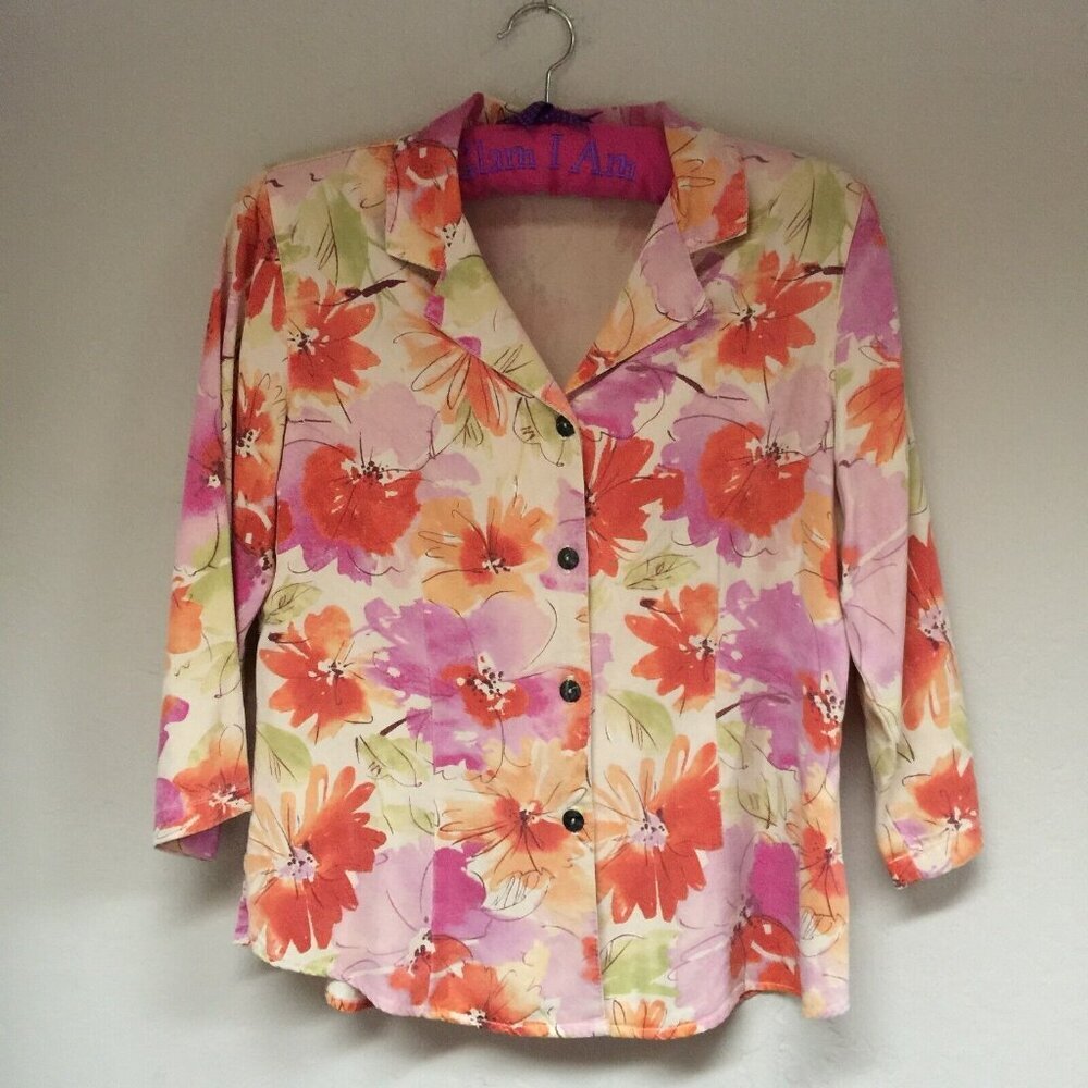 C.M.C Womens Small Tencel Blend Button Down Floral 3/4 Sleeve Shirt Top USA